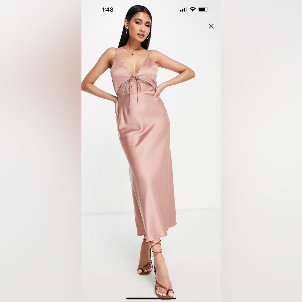 ASOS Design bias satin slip midi dress with lace detail and tie in front blush
